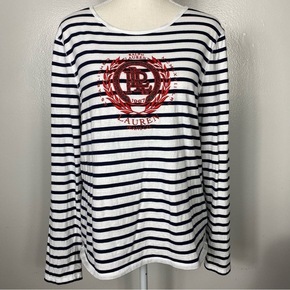 Lauren Ralph Lauren striped embroidered beaded RL crested insignia top - Picture 1 of 5